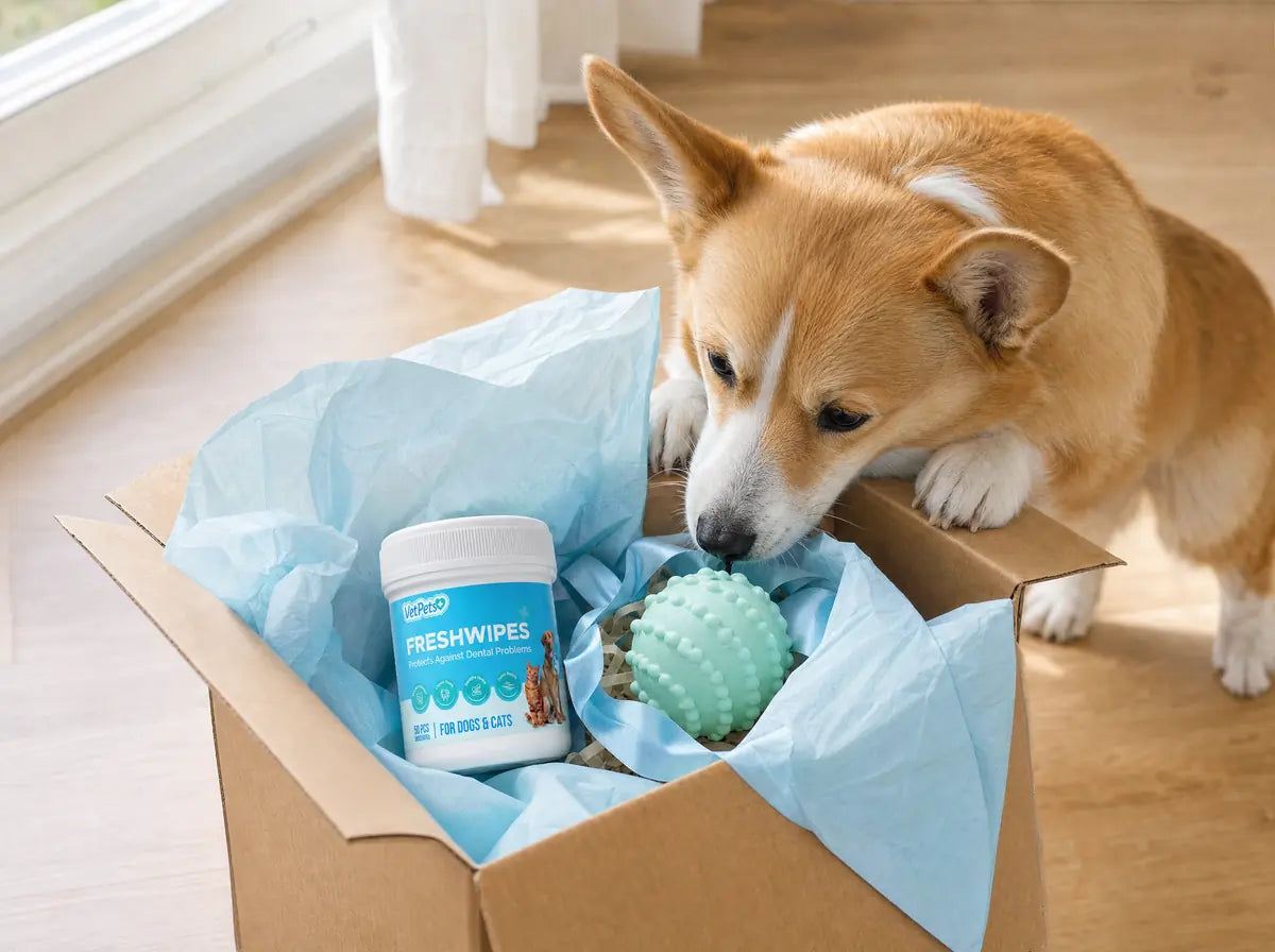 A corgi meeting a new dental chew ball in an opened delivery box