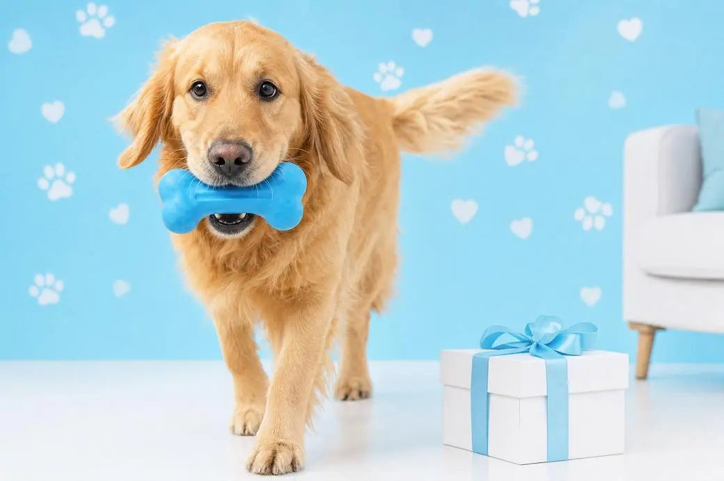A golden retriever carrying a blue chew toy next to a gift box