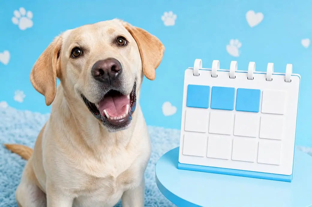 A smiling Labrador next to a calendar with the first days marked