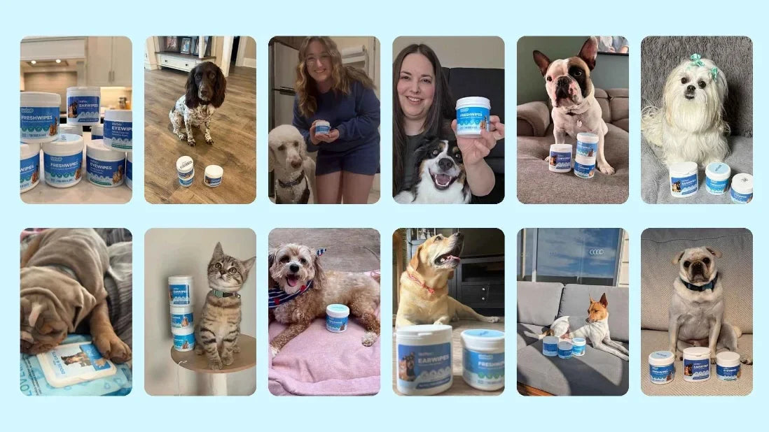 A happy dog owner with her dog, jars of EyeWipes in frame