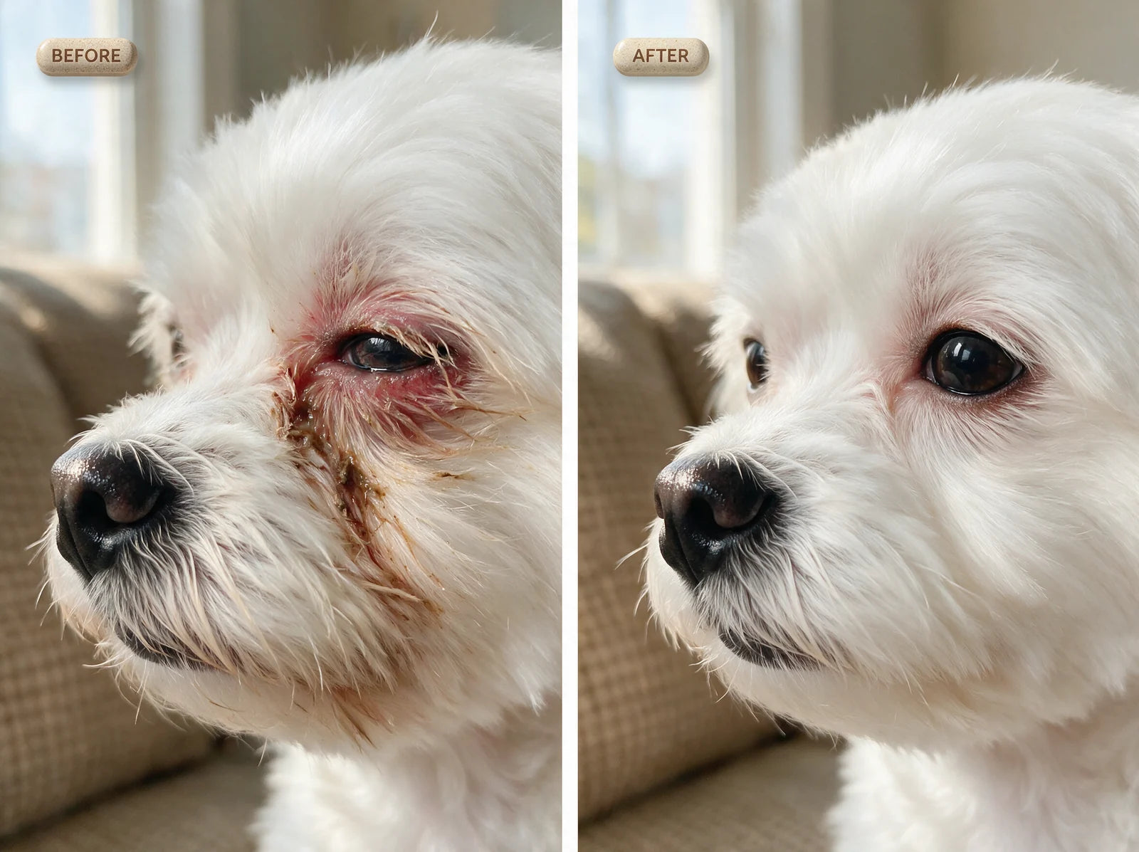 A small white dog's eye area before and after the EyeWipes routine — crusty build-up on one side, clean bright fur on the other