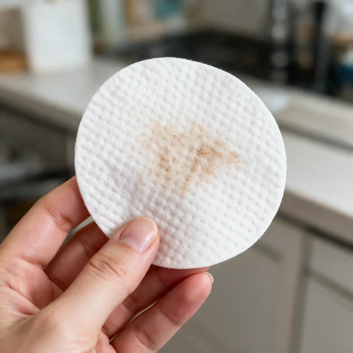 A used EyeWipes pad, brown with the build-up lifted off a dog's eye area