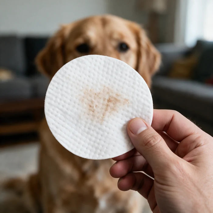 A used EyeWipes pad, brown with the build-up lifted off a dog's eye area