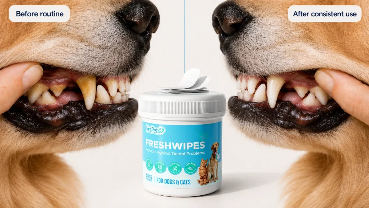 Documented FreshWipes before and after result on a dog's teeth