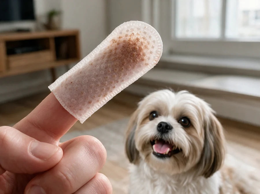 Used FreshWipes finger sleeve held up with a happy small dog behind it