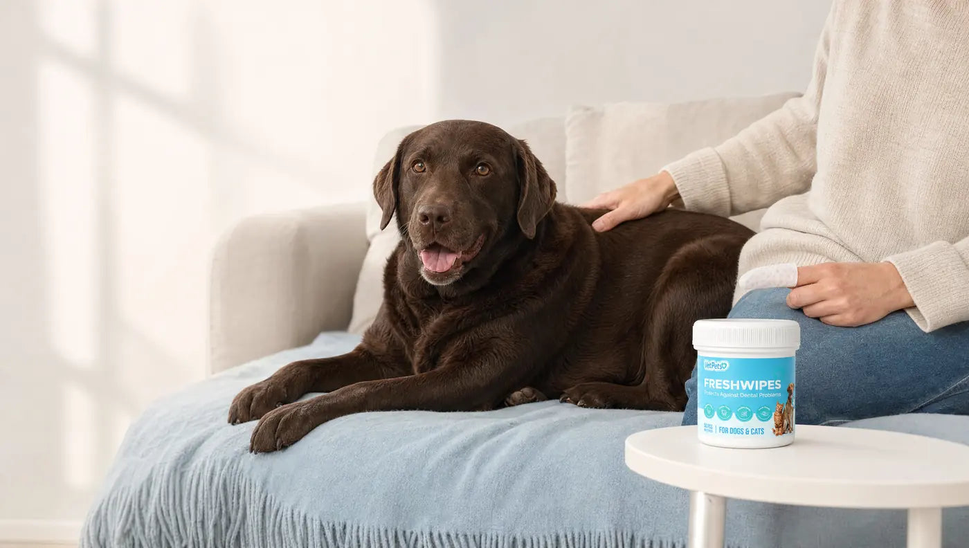 A chocolate Labrador relaxing on the sofa next to its owner, a FreshWipes jar on the side table