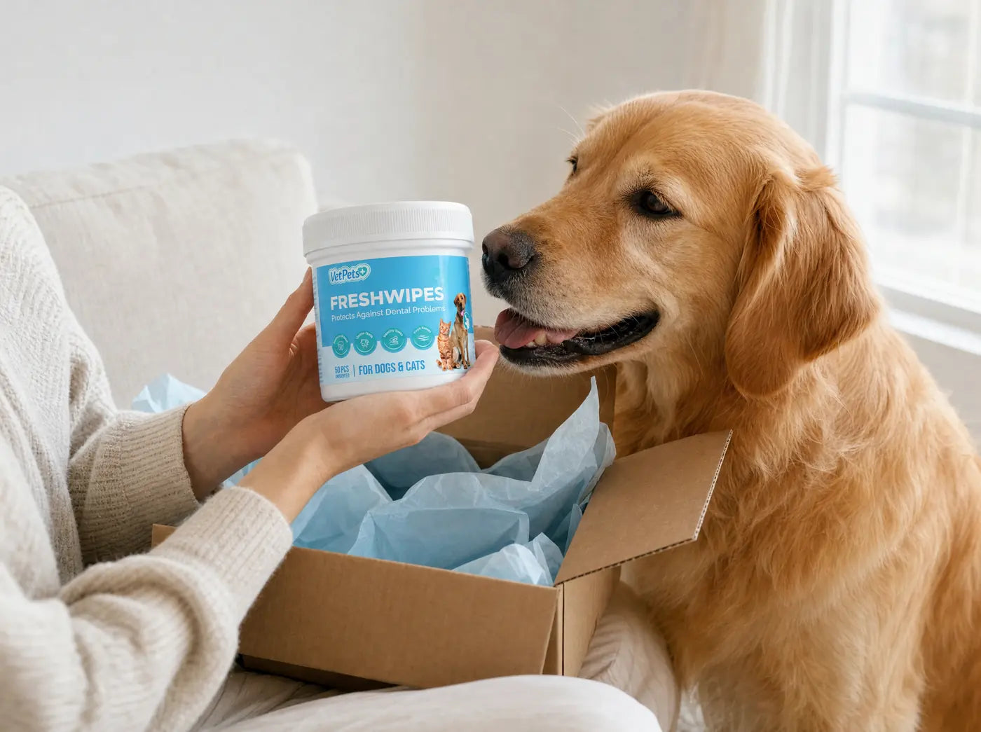 An owner lifting a FreshWipes jar out of a delivery box while a golden retriever looks in