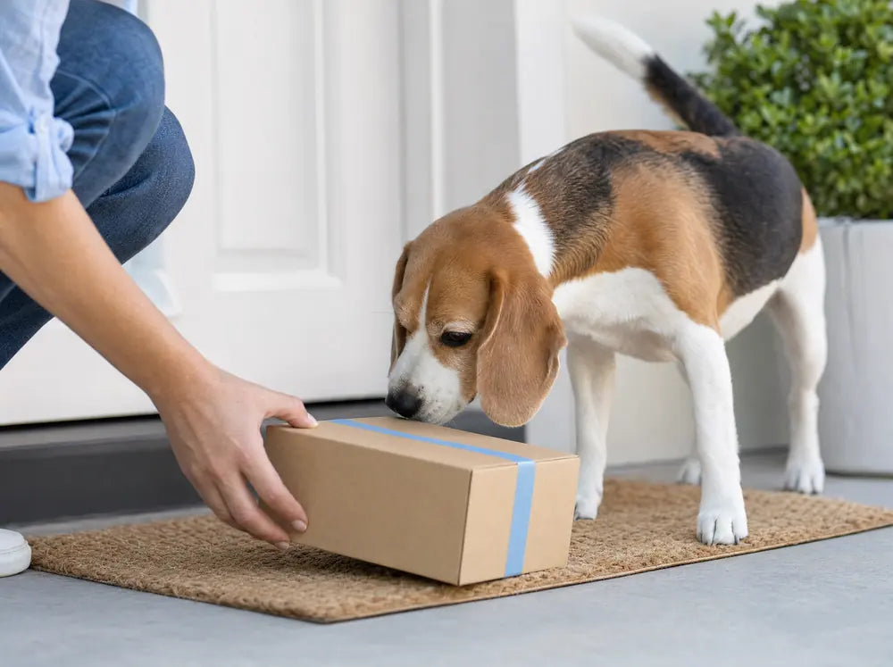 A beagle sniffing a delivery box on the doormat
