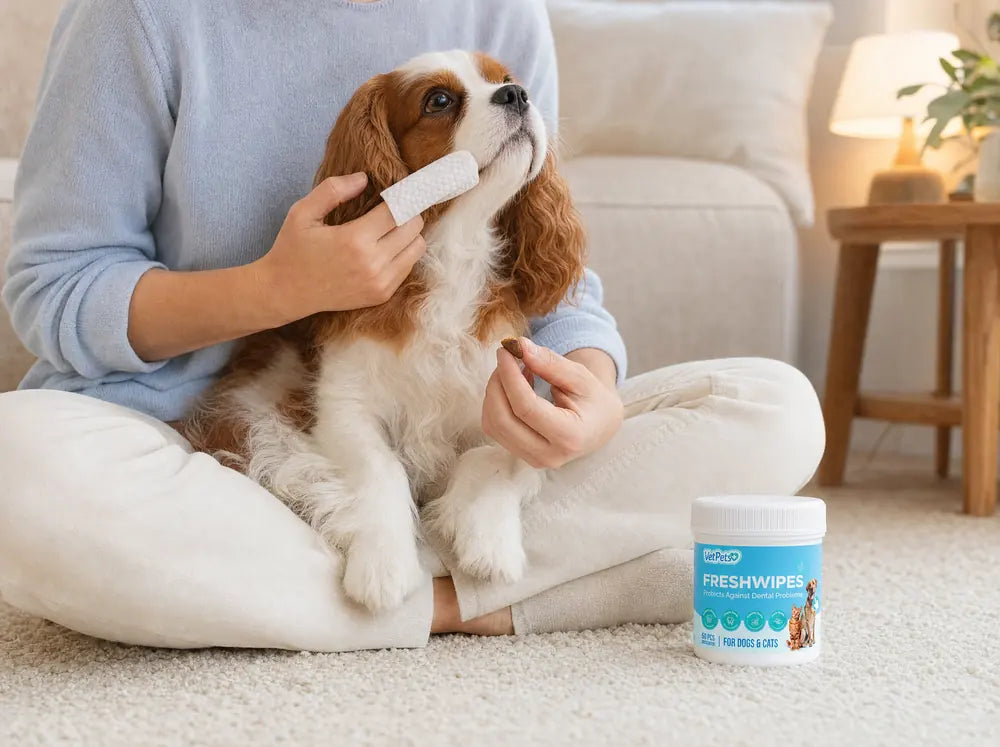 A cavalier on its owner's lap, a wipe on the owner's fingertip and a treat ready