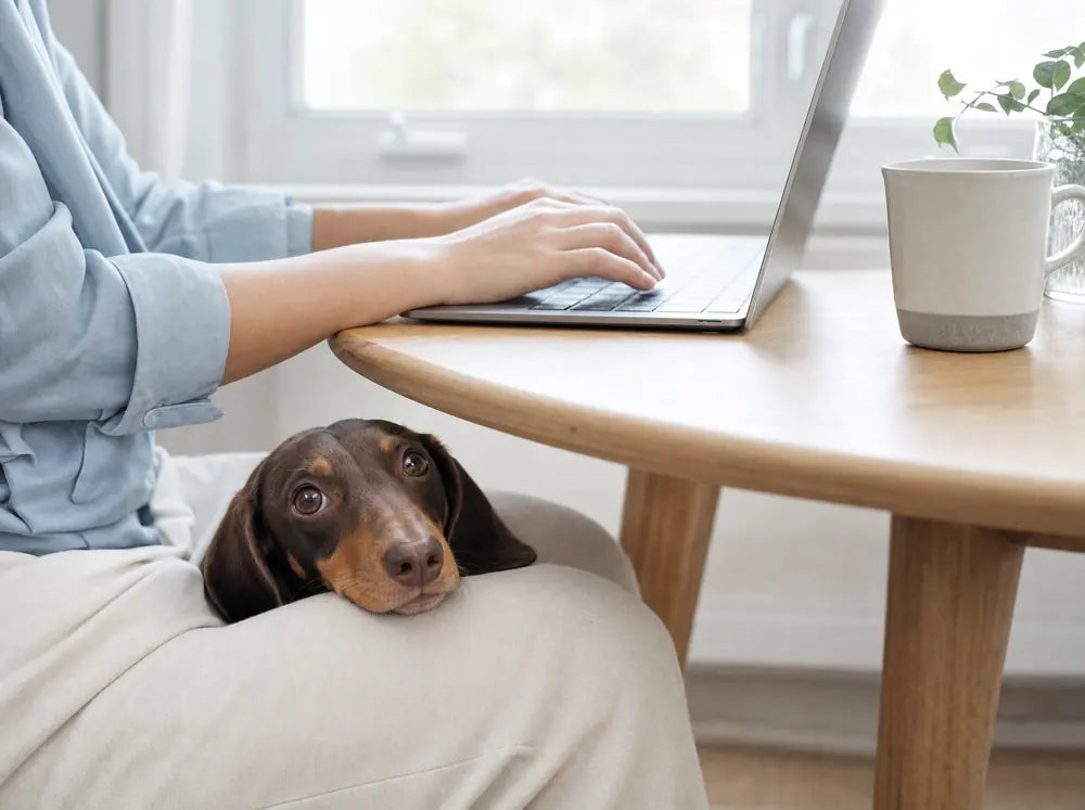 A dachshund resting its chin on its owner's knee while the owner types on a laptop