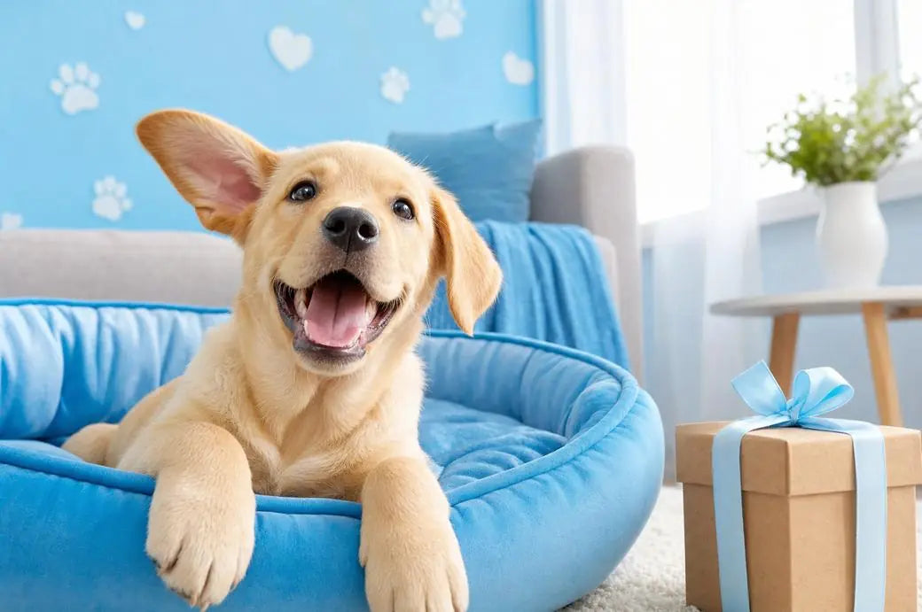 A happy puppy in a blue dog bed next to a gift box