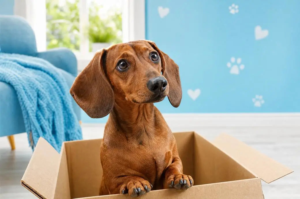 A dachshund sitting in an opened delivery box
